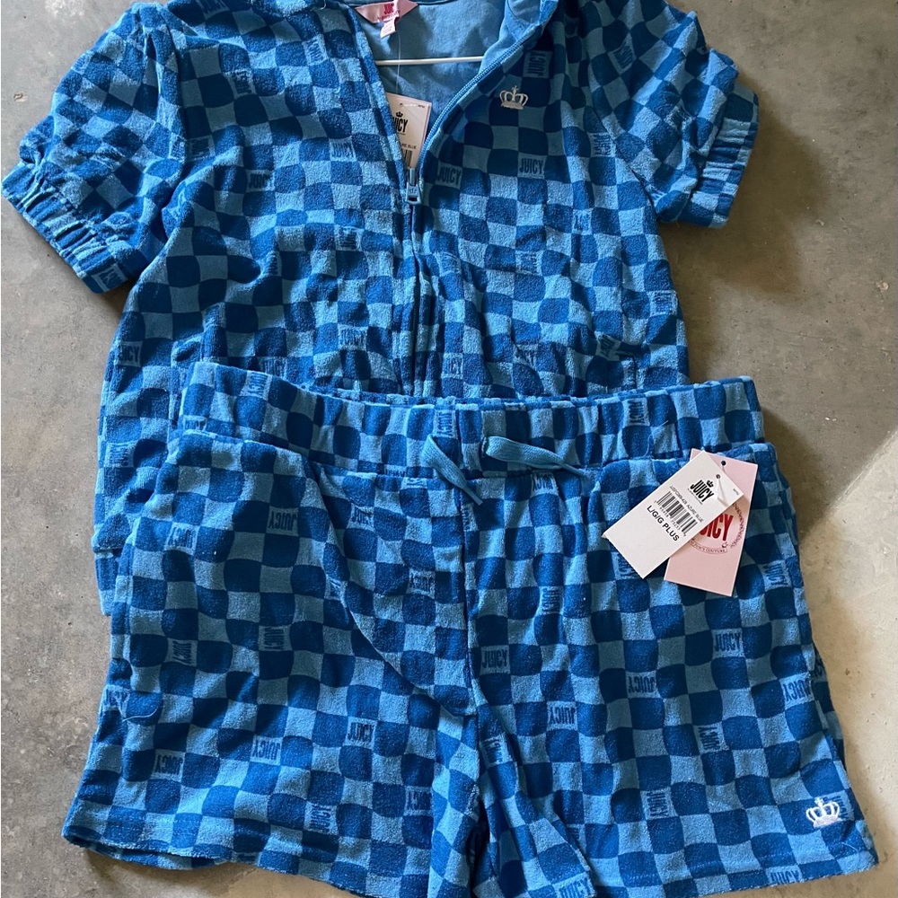 Juicy Couture Terry cloth Blue Checkered Hoodie and Shorts Set
